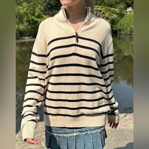 Brandy Melville Aleah Cotton Stripe 1/4 Zipper Knit Sweater Beige Blue One Size